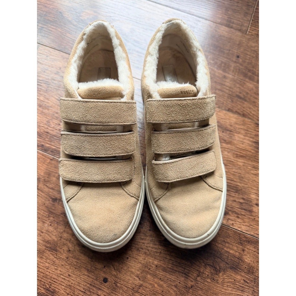 Vince Tan Suede Shearling Lined Triple Strap Platform Sneakers Womens
